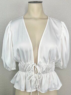 Wayf Tie Front Peplum Top Womens Ivory White Puff Sleeve Nordstrom NWT